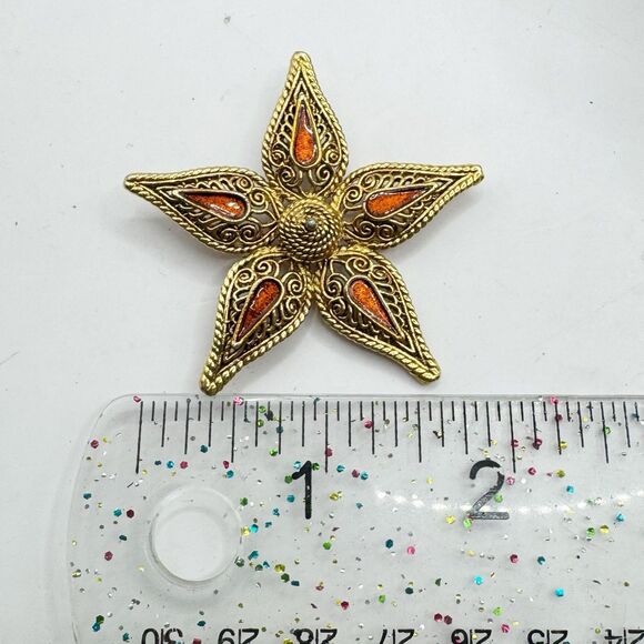 Vintage Filigree Etruscan Style Star Flower Brooch Orange Enamel Fall Autumn - Picture 3 of 7